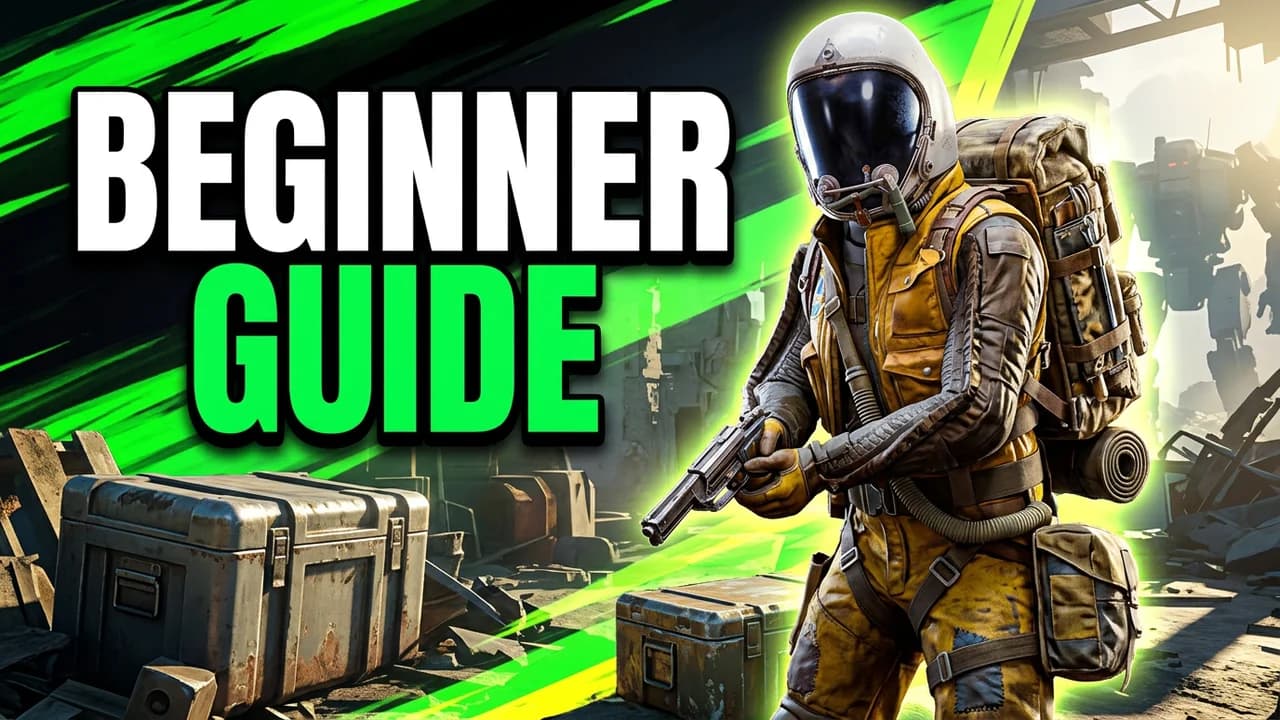 ARC Raiders beginner guide thumbnail template, a raider in a yellow suit and space helmet holding a pistol by supply crates in a ruined base, green streaks, BEGINNER GUIDE text