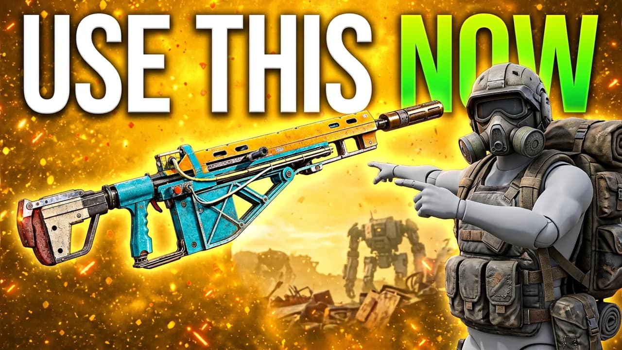 ARC Raiders best weapon thumbnail template, a big teal and orange rifle floating over golden sparks with a raider in a gas mask pointing at it, USE THIS NOW text