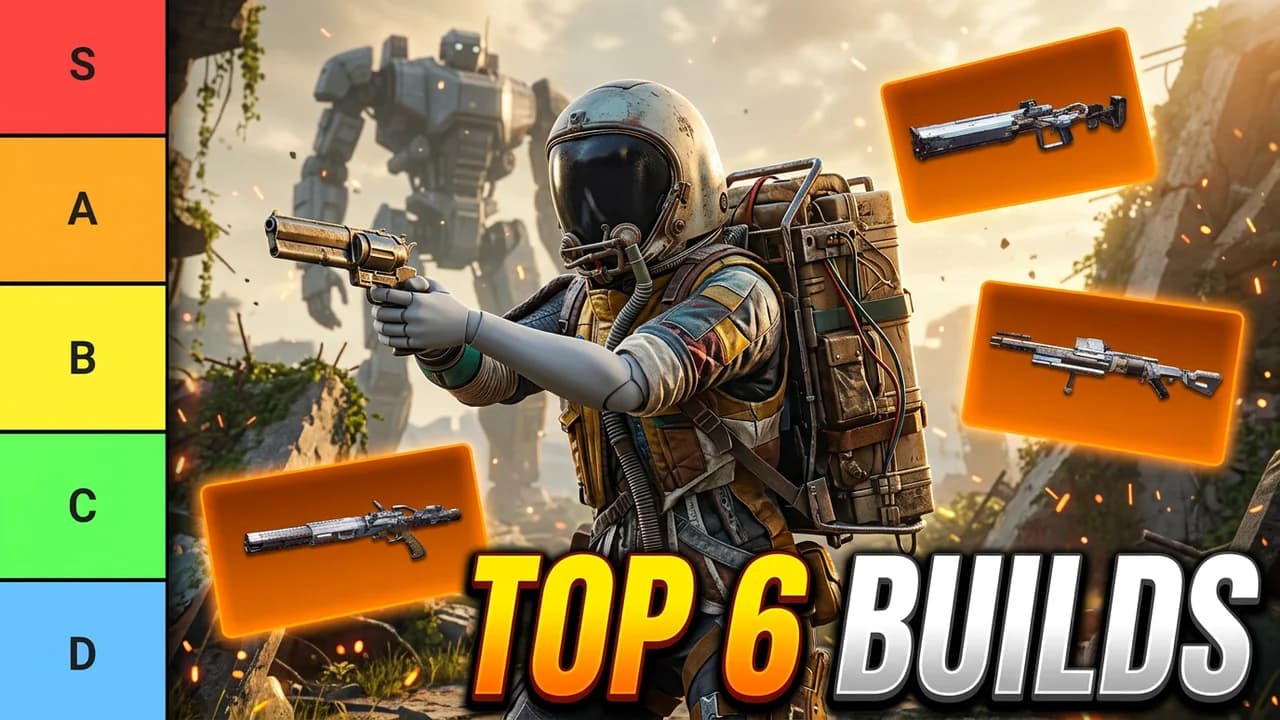 ARC Raiders builds tier list thumbnail template, an S to D tier column on the left, a raider in a space helmet aiming a revolver in front of a giant robot, weapon cards on orange tiles, TOP 6 BUILDS text