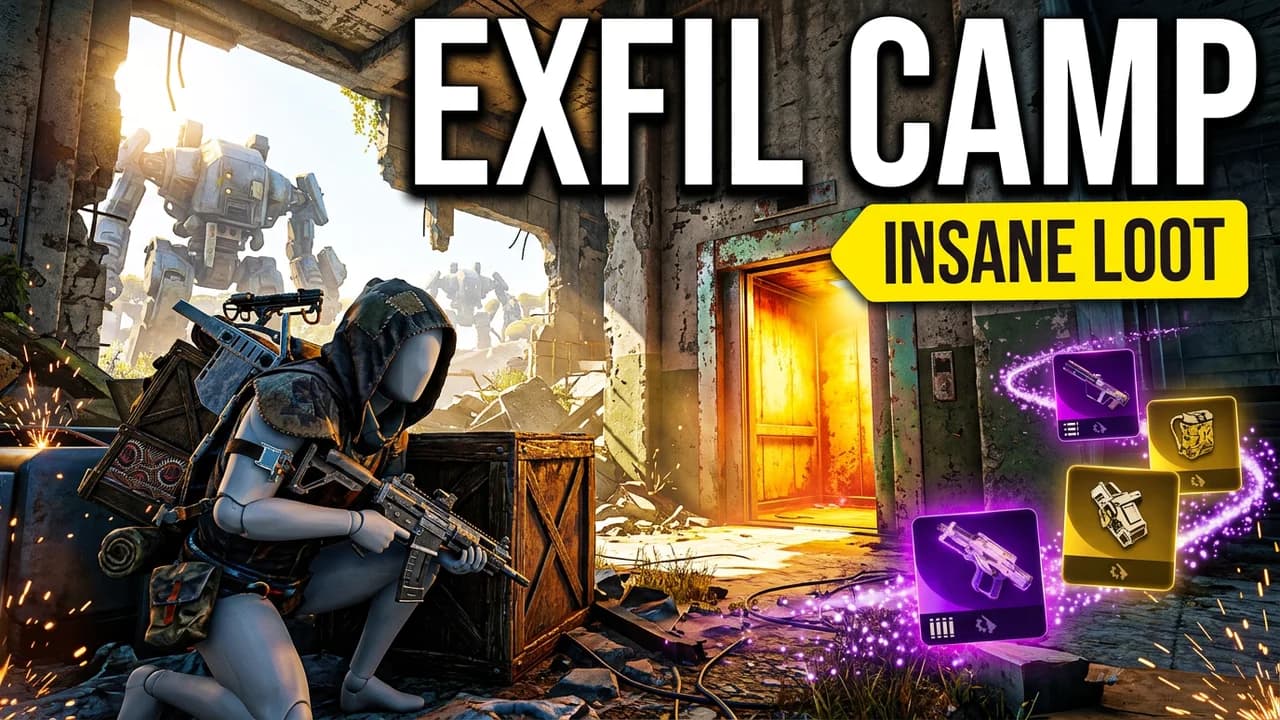 ARC Raiders exfil camping thumbnail template, a hooded raider crouched behind a crate with a rifle by a glowing doorway, loot cards swirling in purple light, EXFIL CAMP and INSANE LOOT text