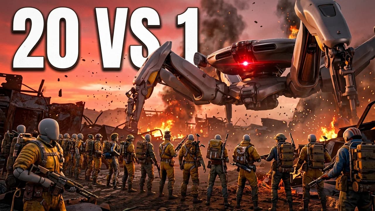 ARC Raiders 20 vs 1 thumbnail template, a crowd of raiders in yellow and blue gear facing a huge silver robot spider over a burning ruined town at sunset, 20 VS 1 text