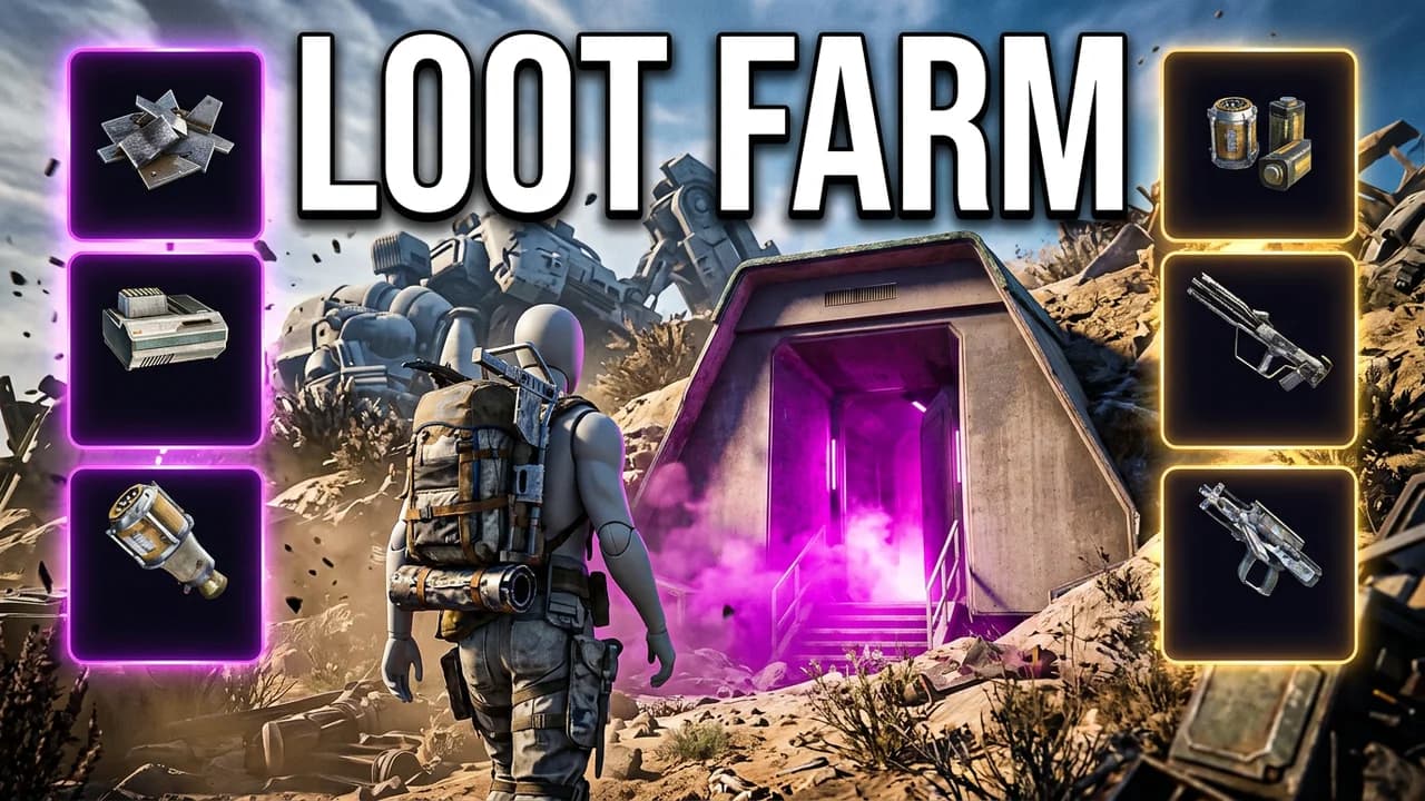 ARC Raiders loot farm thumbnail template, a raider walking toward a bunker with a glowing purple entrance among wrecked robots, item cards down both sides, LOOT FARM text