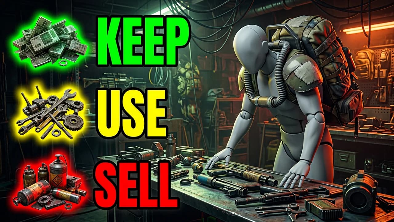 ARC Raiders loot guide thumbnail template, a raider leaning over a workbench of parts in a dim workshop, cash, tools and canisters stacked beside KEEP, USE and SELL text