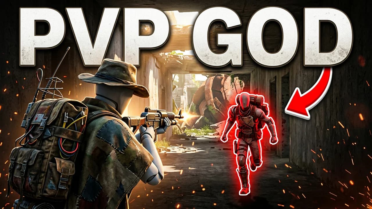 ARC Raiders PvP thumbnail template, a raider in a bucket hat and patched backpack firing down a ruined hallway at an enemy raider outlined in red, a red arrow, PVP GOD text