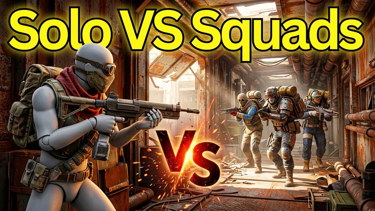 ARC Raiders solo vs squads thumbnail template, one raider in goggles and a red scarf aiming a rifle in a rusty corridor, a squad of three raiders with big backpacks rushing in, a fiery VS, SOLO VS SQUADS text