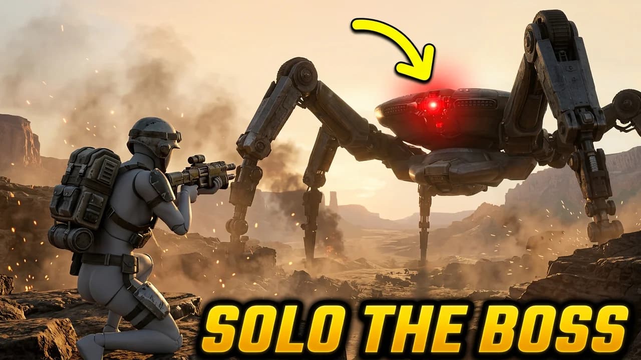 ARC Raiders boss thumbnail template, a raider kneeling with a rifle facing a giant four legged robot with a red eye in a dusty canyon, a yellow arrow at its weak spot, SOLO THE BOSS text