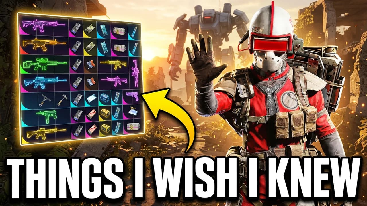 ARC Raiders tips thumbnail template, a raider in a red and white helmet with a red visor waving beside a full inventory grid of glowing guns and items, a yellow arrow, THINGS I WISH I KNEW text