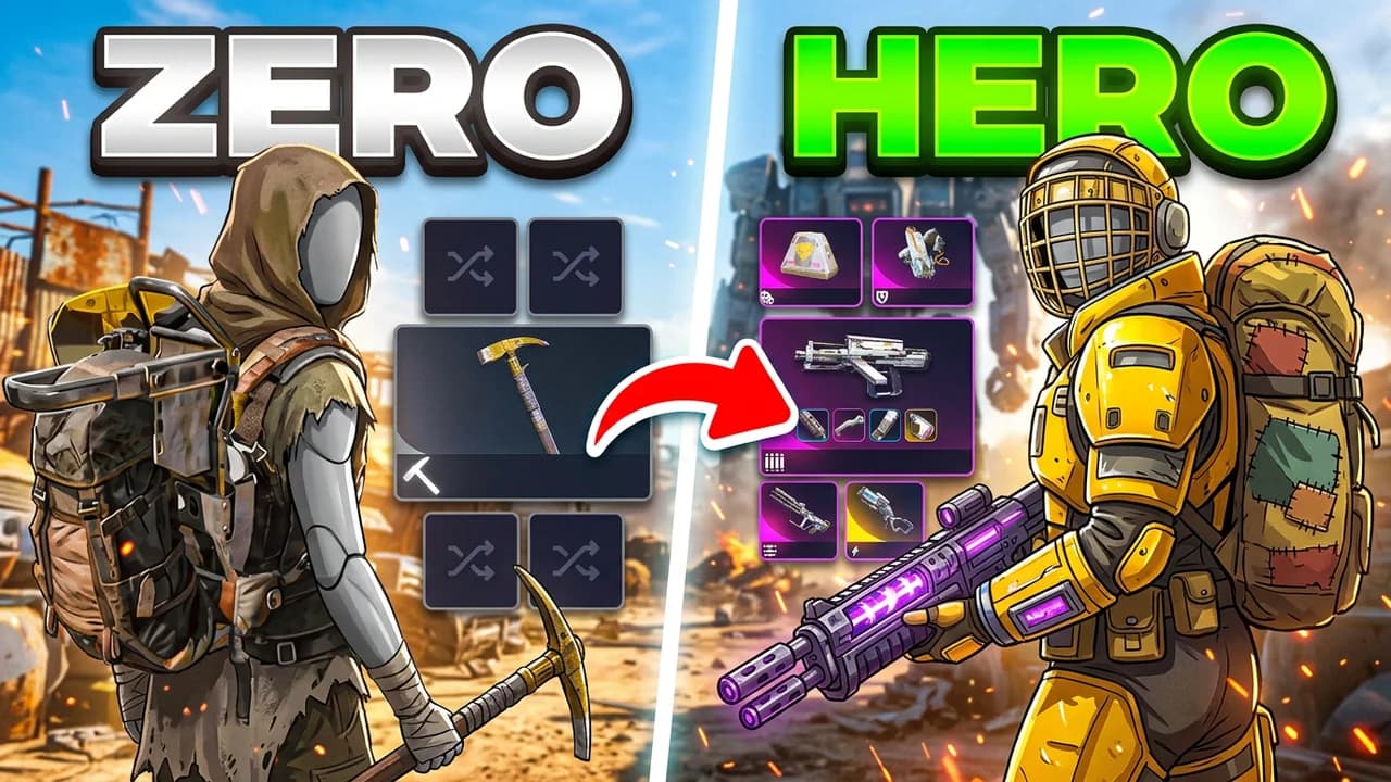 ARC Raiders zero to hero thumbnail template, a hooded raider with a pickaxe and a ragged backpack on the left, a red arrow to the same raider in yellow armour with a glowing purple rifle on the right, loadout slots between them, ZERO and HERO text