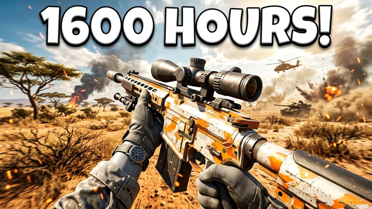Battlefield 6 hours played thumbnail template, a first person close-up of gloved hands on a scoped battle rifle with a white and orange camo over a savanna battlefield, 1600 HOURS! text