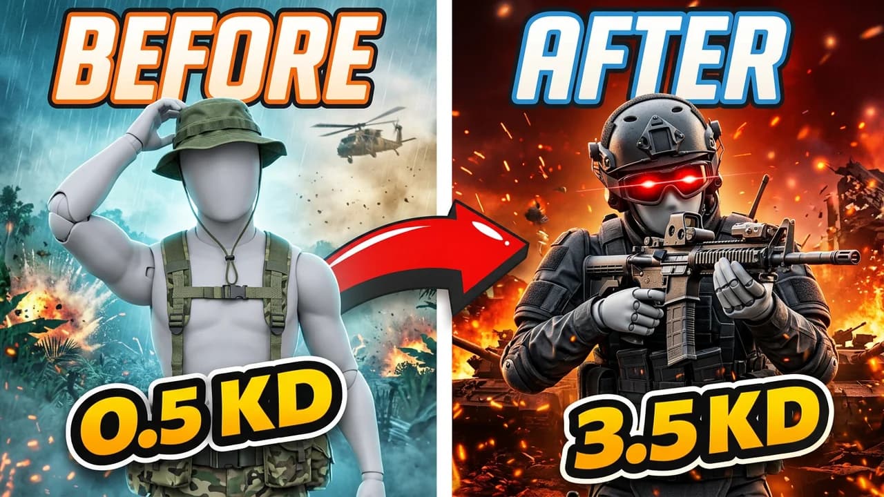Battlefield 6 before and after thumbnail template, a soldier in a jungle hat on blue and the same soldier in black armour with red goggles and a rifle on red, BEFORE, AFTER, 0.5 KD and 3.5 KD text
