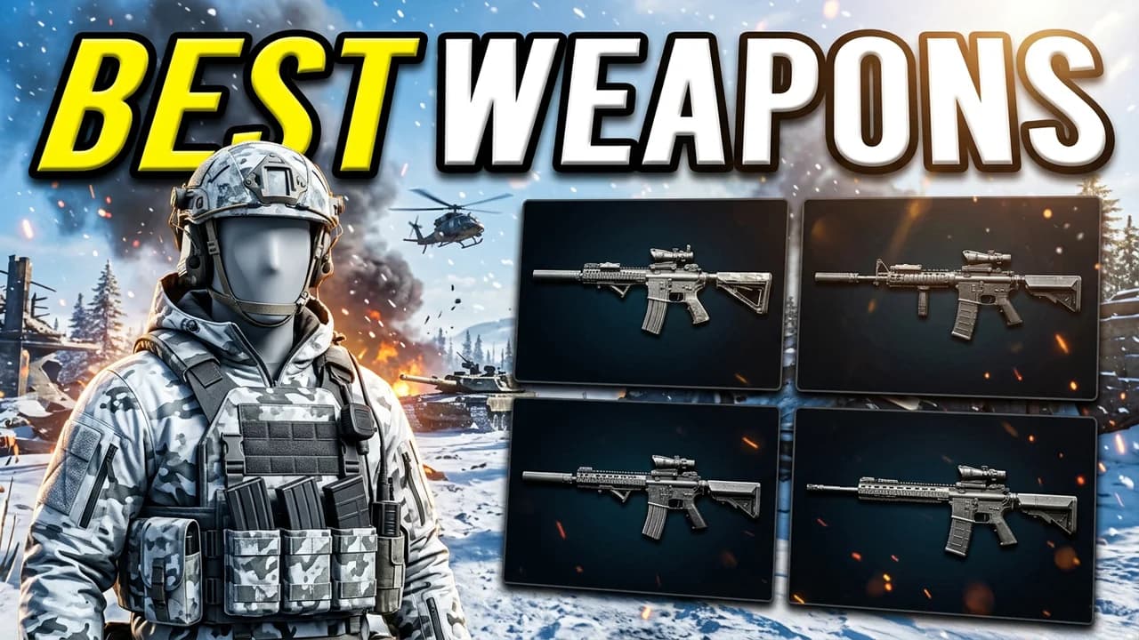 Battlefield 6 best weapons thumbnail template, a soldier in snow camo on a snowy battlefield beside four rifles on dark cards, BEST WEAPONS text