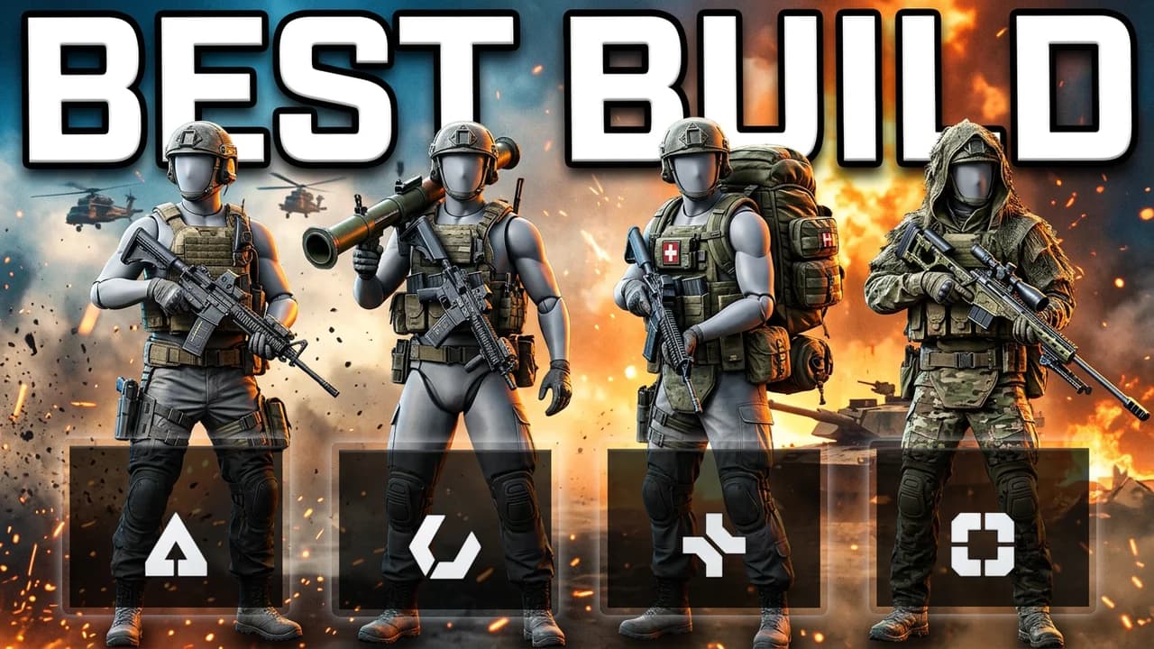 Battlefield 6 class builds thumbnail template, four soldiers in a row with a rifle, a rocket launcher, a medic pack and a sniper ghillie suit, a class icon under each, BEST BUILD text