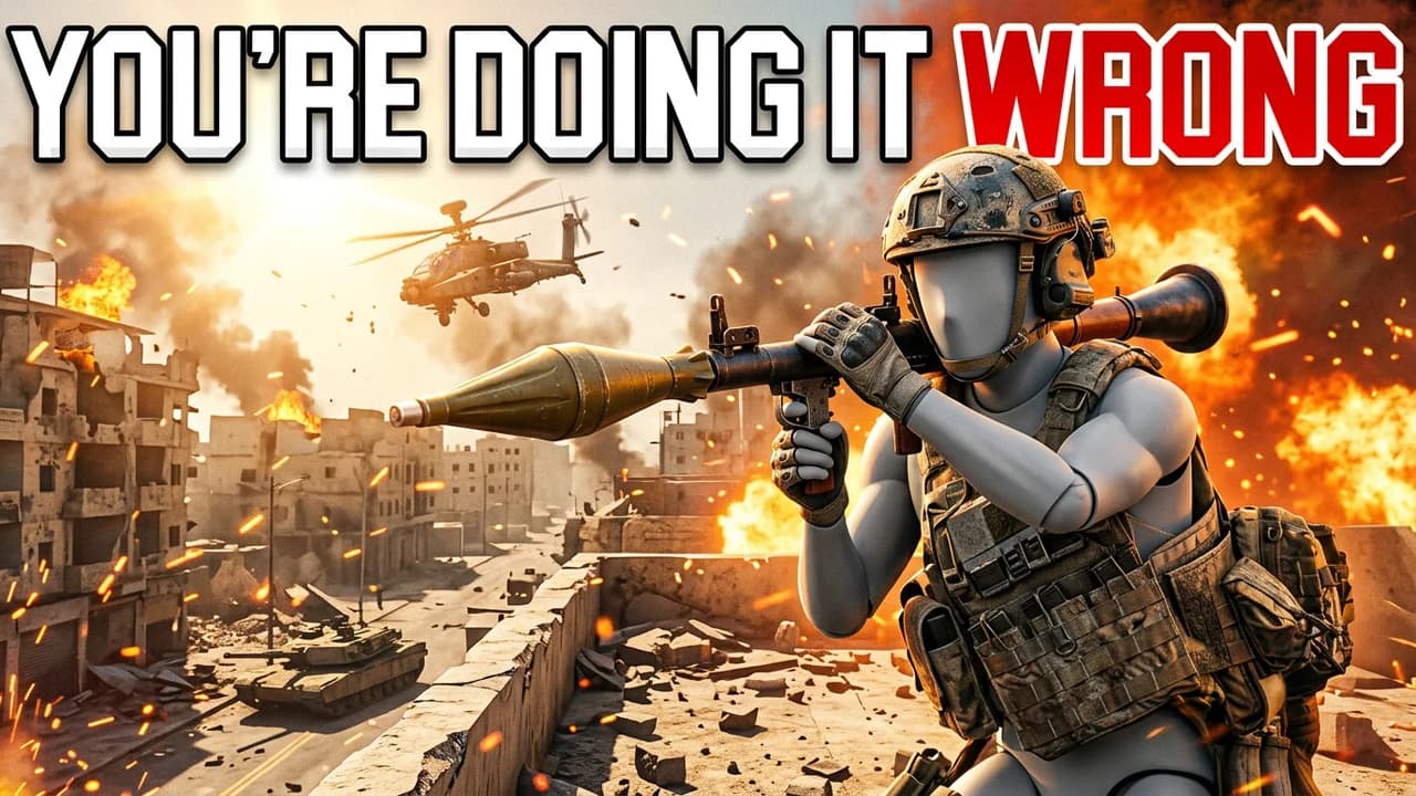 Battlefield 6 mistakes thumbnail template, a soldier on a rooftop holding a rocket launcher backwards over a ruined city with a helicopter, YOU'RE DOING IT WRONG text