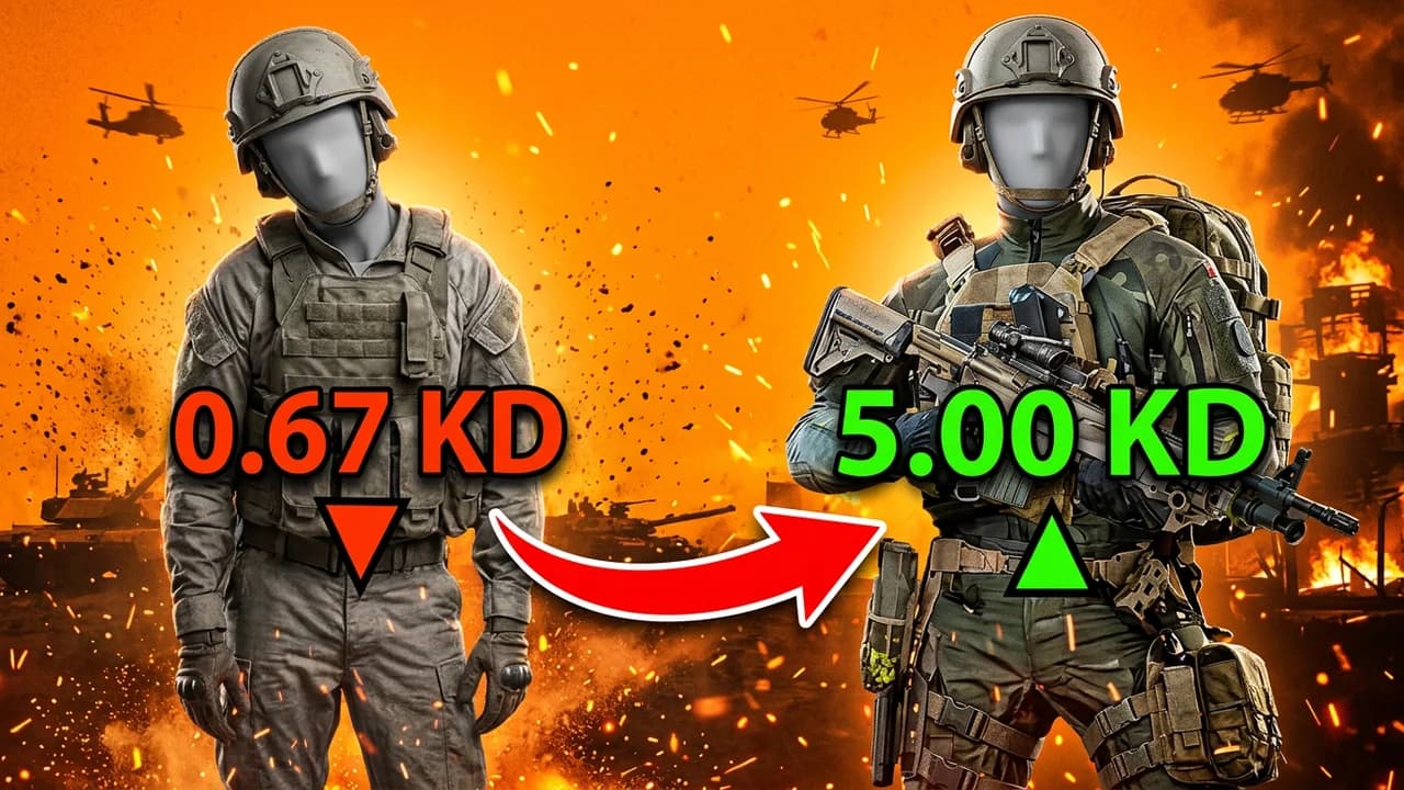 Battlefield 6 KD glow up thumbnail template, a slouched soldier in plain gear and the same soldier in full tactical gear with a rifle, a red arrow between them on orange, 0.67 KD and 5.00 KD text