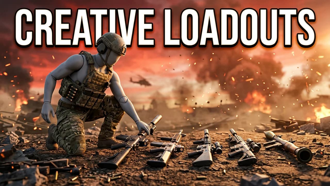 Battlefield 6 loadouts thumbnail template, a soldier kneeling over a row of rifles and a rocket launcher on a burning battlefield, CREATIVE LOADOUTS text