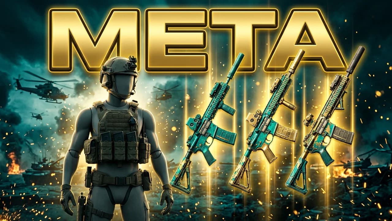 Battlefield 6 meta weapons thumbnail template, a soldier beside three assault rifles with teal camo floating in gold light beams, META text