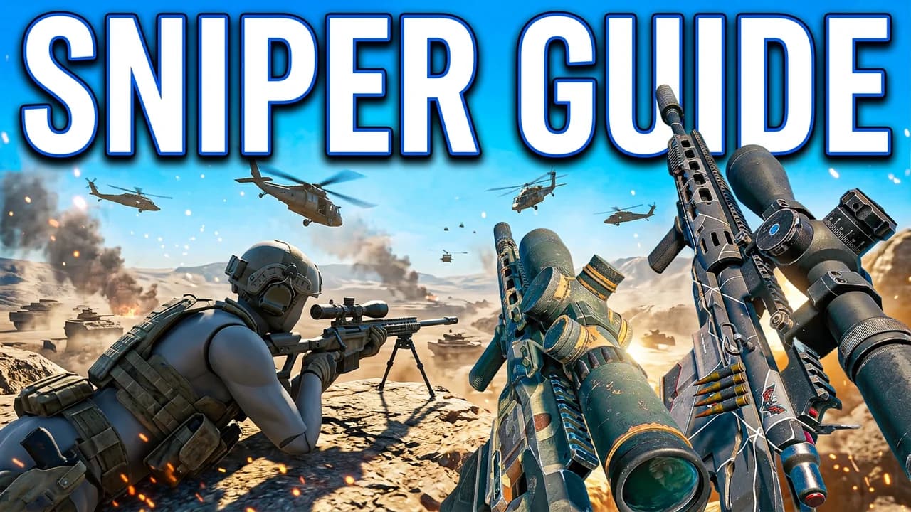 Battlefield 6 sniper guide thumbnail template, a soldier lying prone with a scoped sniper rifle on a rocky ridge, two big sniper rifles angled across the frame, helicopters in a blue sky, SNIPER GUIDE text