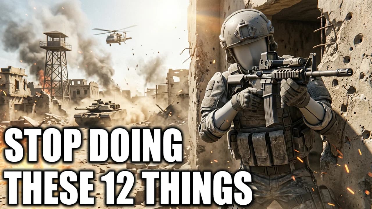 Battlefield 6 tips thumbnail template, a soldier aiming a scoped rifle from behind a shot-up wall, a ruined desert town with a watchtower, tank and helicopter behind, STOP DOING THESE 12 THINGS text