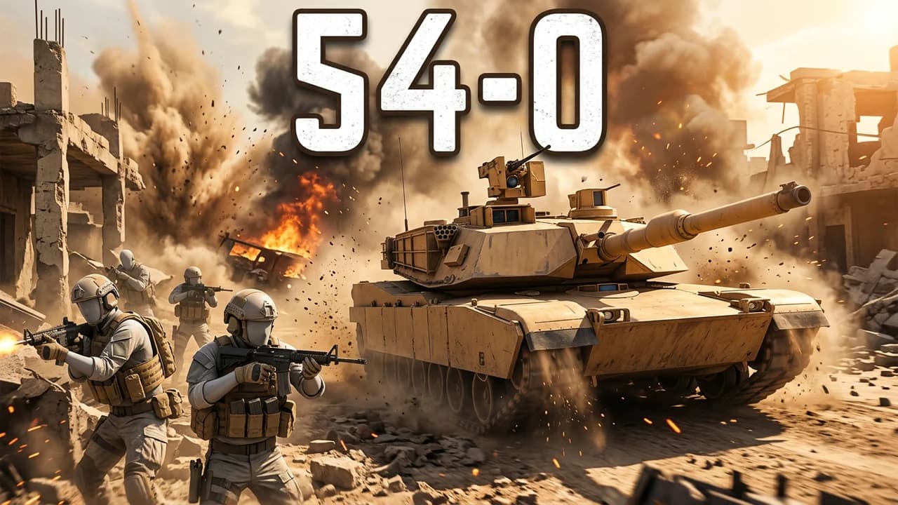 Battlefield 6 tank gameplay thumbnail template, a desert tan battle tank rolling through a ruined town with soldiers advancing beside it, smoke and fire, 54-0 text