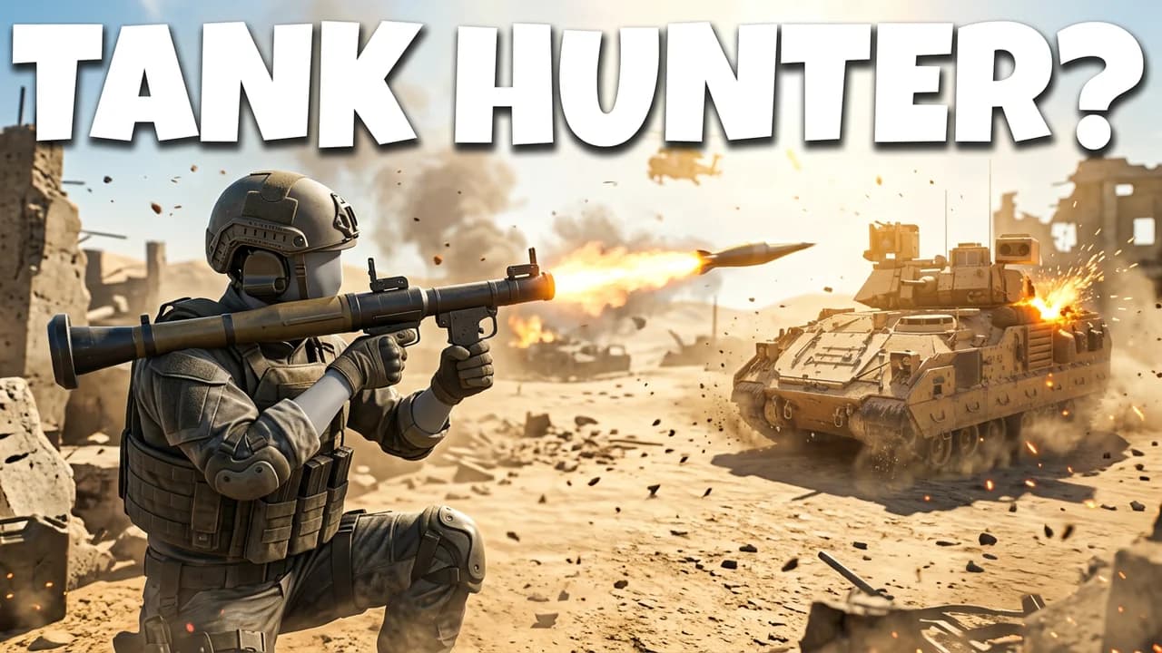 Battlefield 6 anti tank thumbnail template, a kneeling soldier firing a rocket launcher at a tan armoured vehicle in the desert, TANK HUNTER? text
