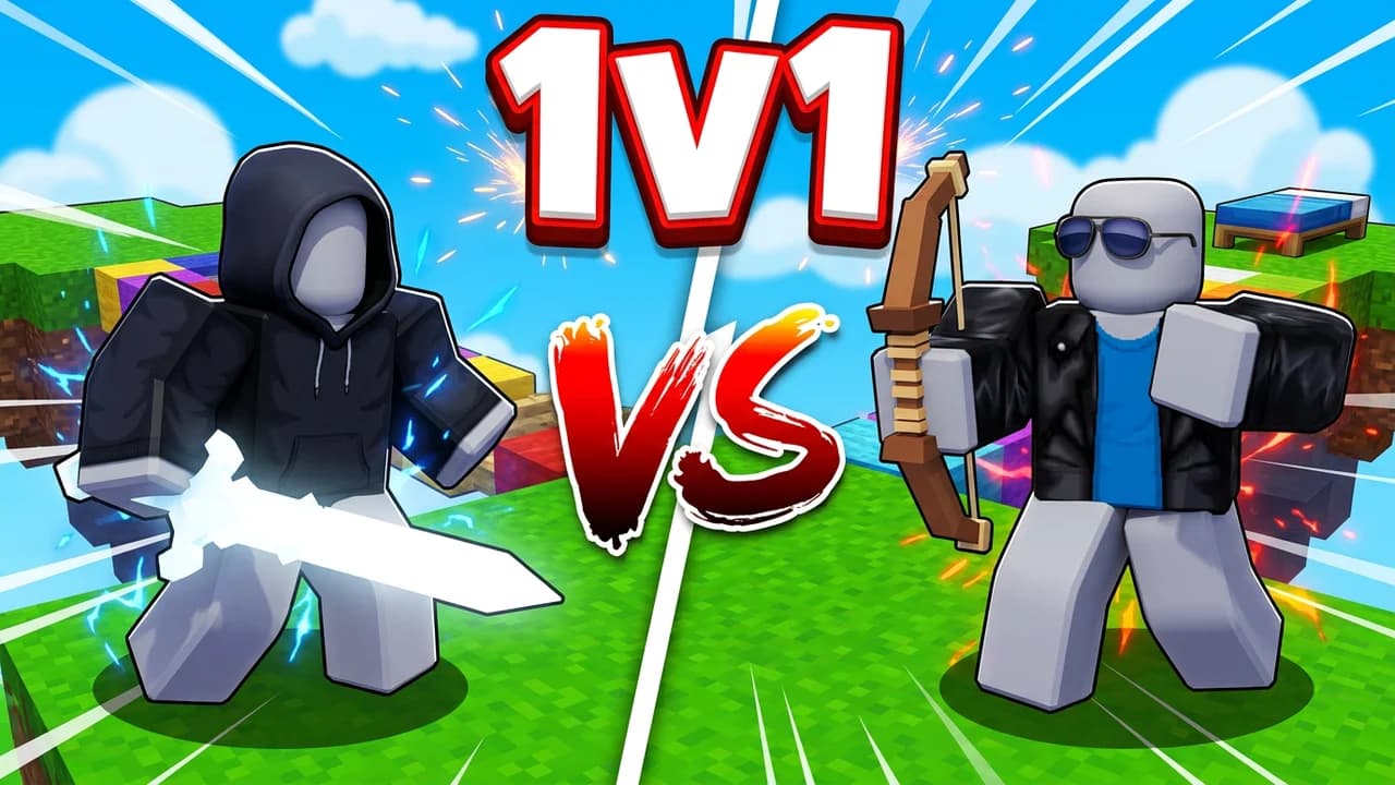 Roblox Bedwars 1v1 thumbnail template, a player in a black hoodie with a white sword facing a player in a leather jacket and sunglasses with a bow, 1V1 and VS text