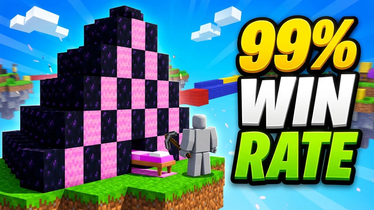 Roblox Bedwars bed defense thumbnail template, a stepped pyramid of black obsidian and pink blocks over a bed, a player with a pickaxe beside it, 99% WIN RATE text