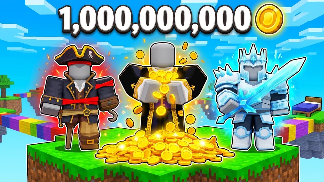 Roblox Bedwars rich thumbnail template, a pirate captain, a player covered in gold coins and a frost knight with an ice sword on a floating island with a coin pile, 1,000,000,000 and a coin icon