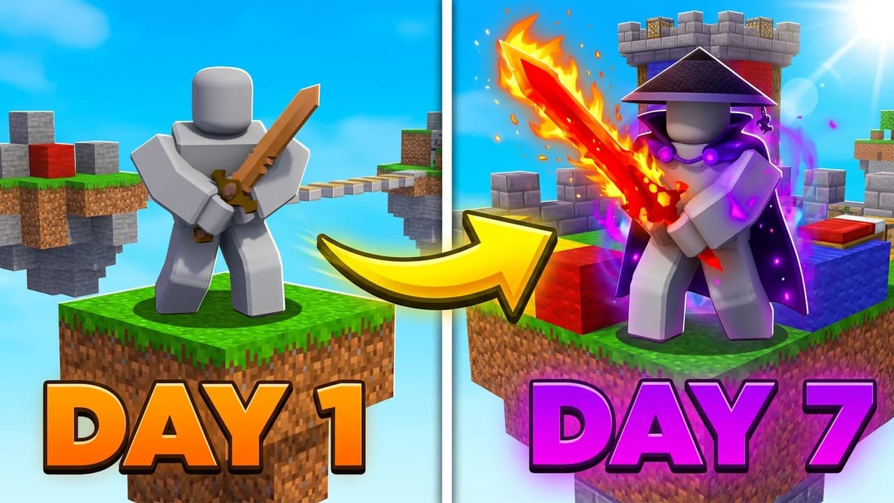 Roblox Bedwars day 1 vs day 7 thumbnail template, a plain player with a wooden sword on a small island on the left, a yellow arrow to the same player in a purple cloak and straw hat with a flaming red sword on the right, DAY 1 and DAY 7 text