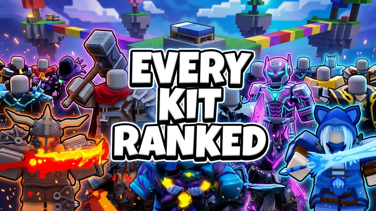 Roblox Bedwars kit tier list thumbnail template, a crowd of armoured players with a flaming sword, a hammer, an ice sword and a neon robot under floating islands, EVERY KIT RANKED text