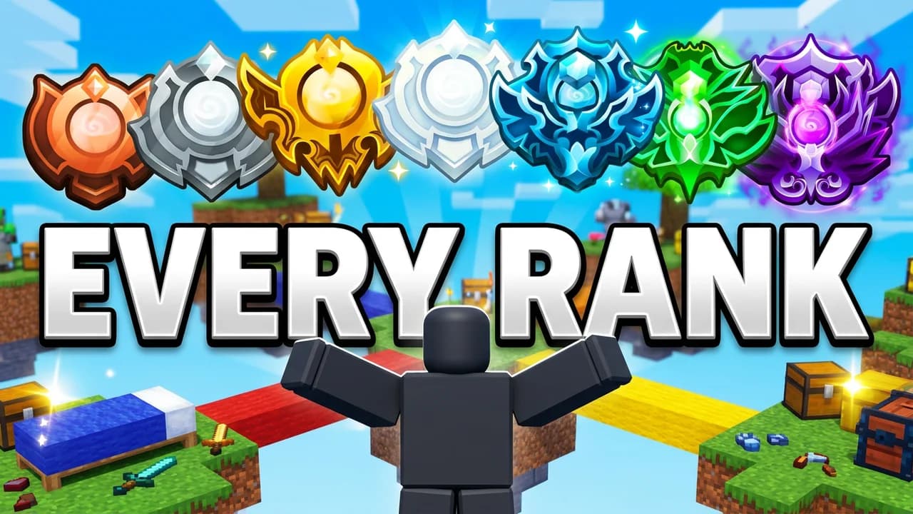 Roblox Bedwars every rank thumbnail template, a row of rank badges from bronze to a glowing purple top badge over a player with arms out on the floating islands, EVERY RANK text