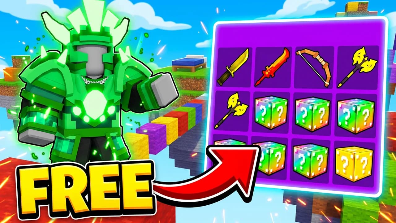 Roblox Bedwars free items thumbnail template, a player in glowing green armour next to a purple item grid of swords, a bow, axes and lucky blocks, a red arrow and FREE text