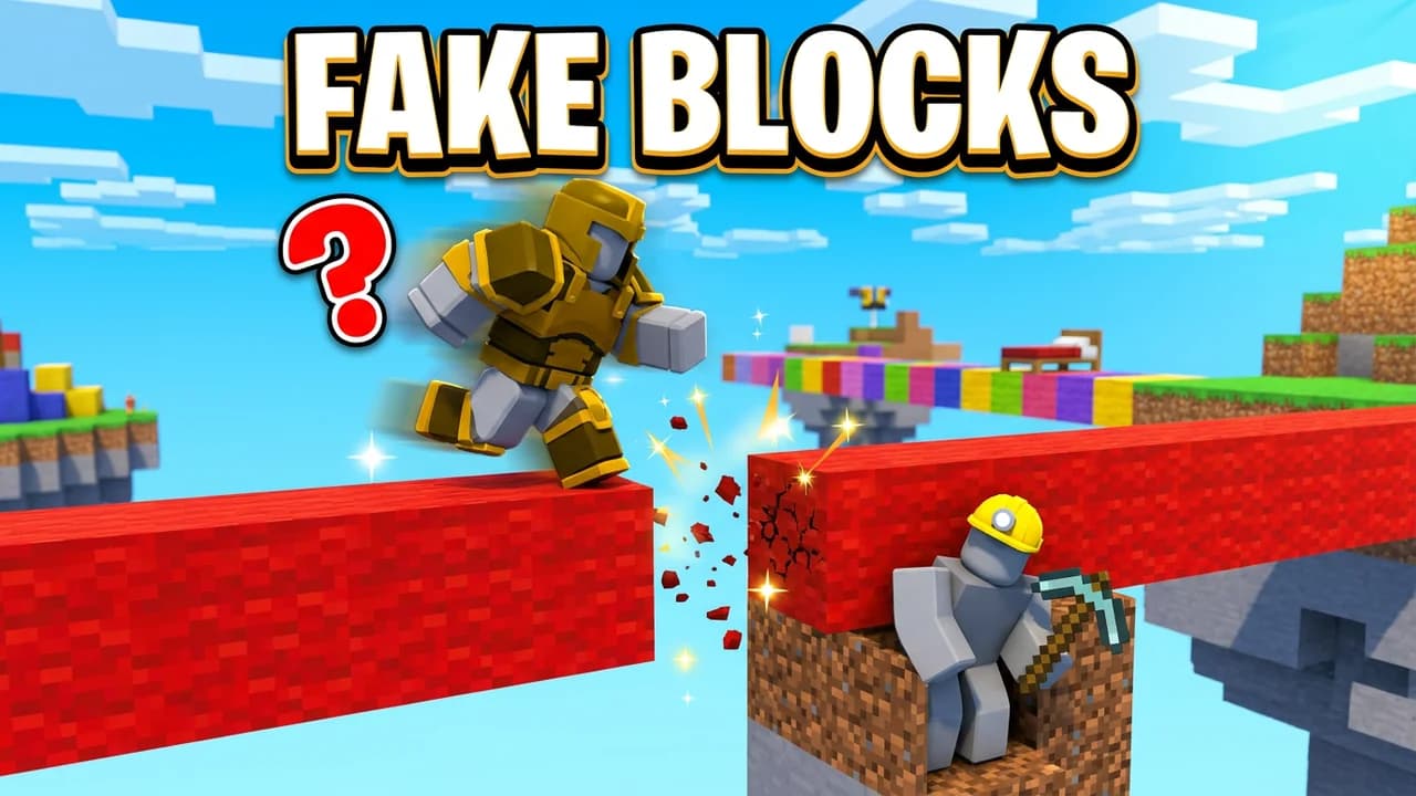 Roblox Bedwars trolling thumbnail template, a player in gold armour falling through a gap in a red wool bridge while a player in a hard hat hides below with a pickaxe, a red question mark, FAKE BLOCKS text
