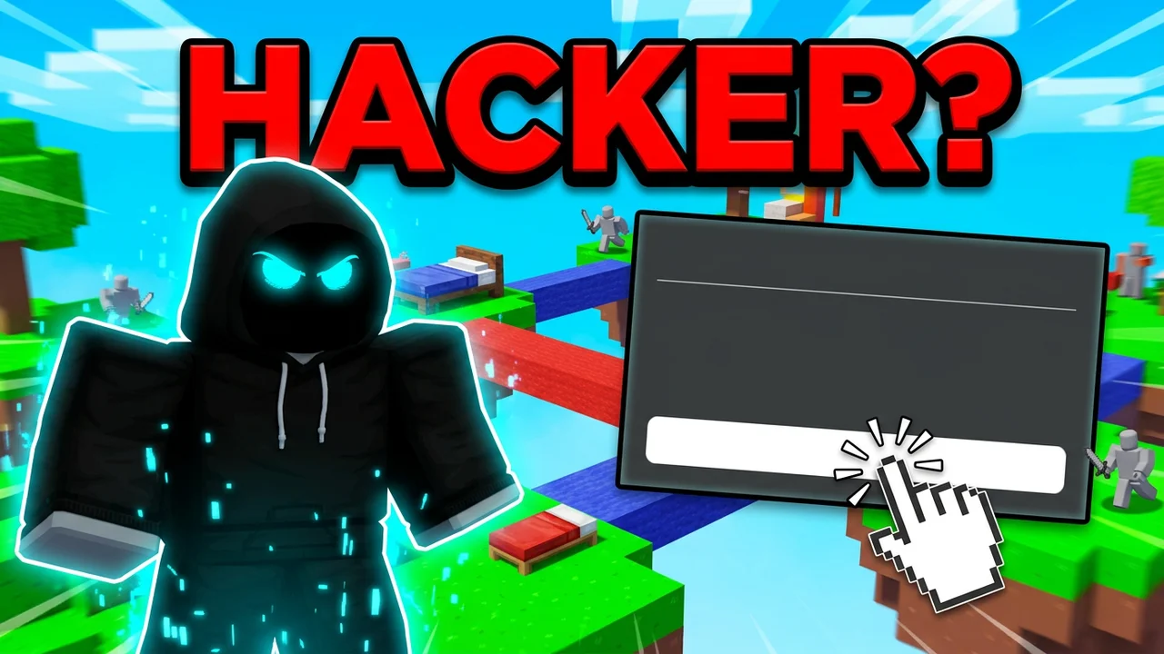 Roblox Bedwars hacker thumbnail template, a hooded player with glowing cyan eyes and sparks next to a blank dark game popup with a cursor clicking its button, HACKER? text