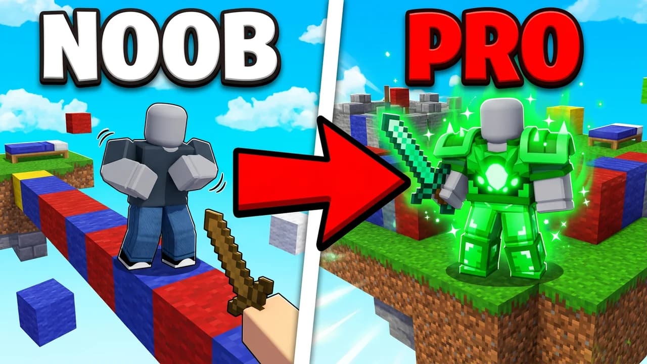 Roblox Bedwars noob vs pro thumbnail template, a nervous player on a wool bridge with a wooden sword on the left, the same player in glowing green armour with an emerald sword on a floating island on the right, a red arrow and NOOB and PRO text