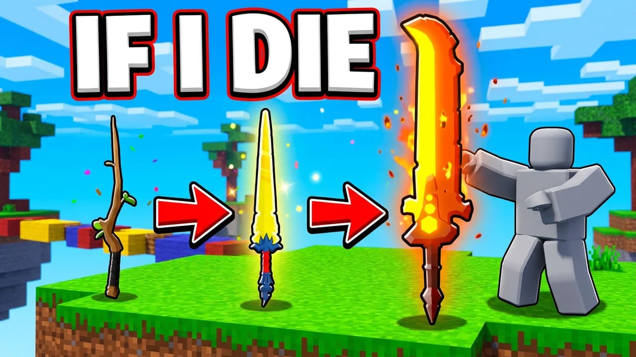 Roblox Bedwars sword upgrade thumbnail template, a stick sword, a shiny yellow sword and a huge blazing sword in a row with red arrows between them, a player pointing at the last one, IF I DIE text