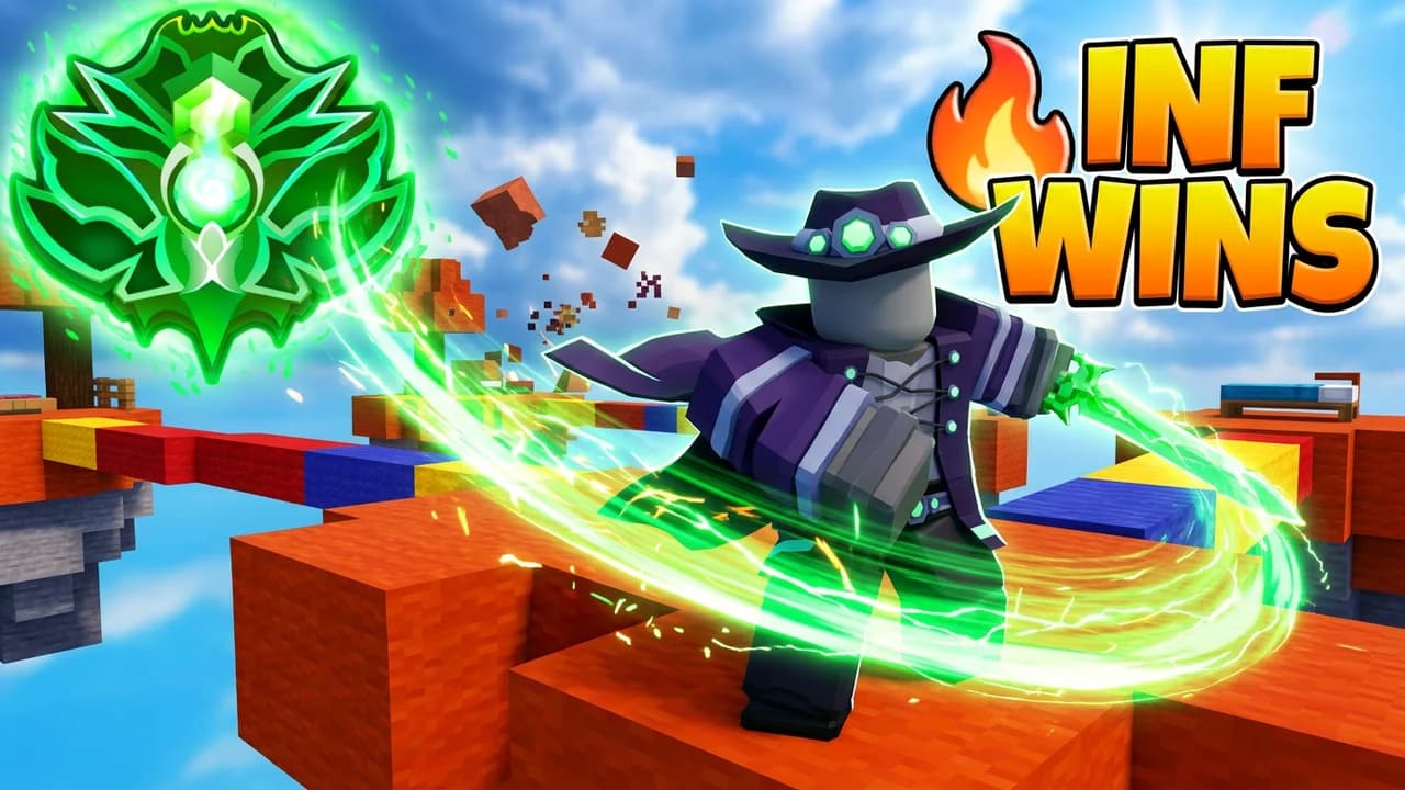 Roblox Bedwars win streak thumbnail template, a player in a purple cloak and wide hat swinging a green energy slash on a clay island, a glowing green rank badge, INF WINS text with a flame