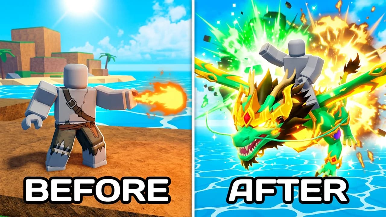 Blox Fruits before and after thumbnail template, a player in torn clothes throwing a small fireball on a sandy island on the left, the same player riding a huge green and gold dragon in a fiery explosion on the right, BEFORE and AFTER text