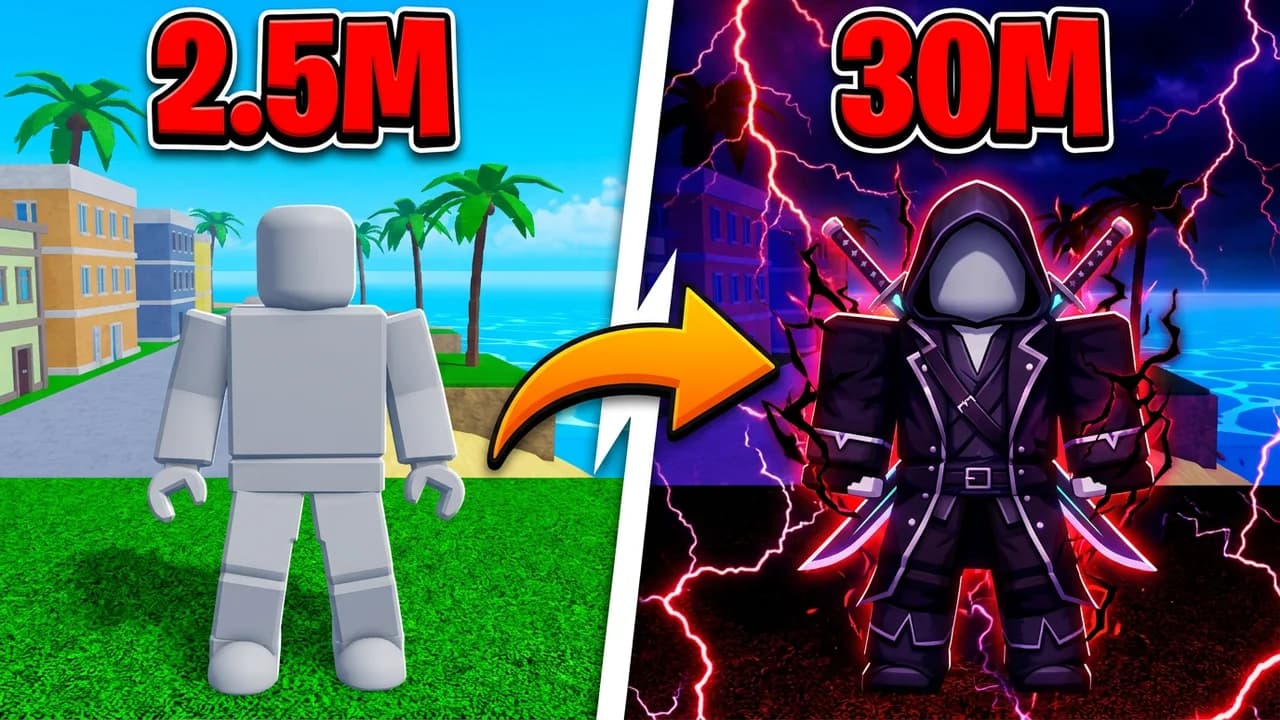 Blox Fruits bounty thumbnail template, a plain player in a sunny palm tree town on the left, an orange arrow to the same player in a black hooded coat with two crossed swords and red lightning on the right, 2.5M and 30M red text