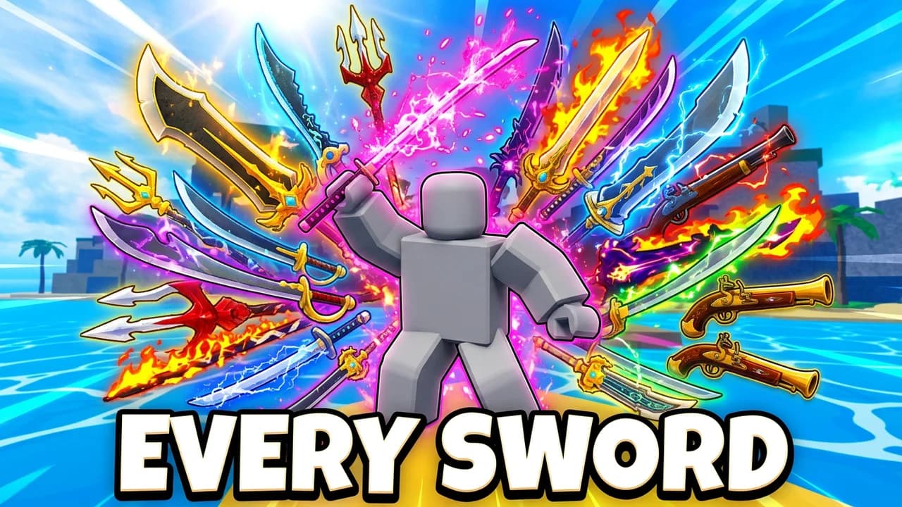 Blox Fruits every sword thumbnail template, a player holding up a glowing pink katana in the middle of a fan of glowing swords, tridents and flintlock guns over the sea, EVERY SWORD text