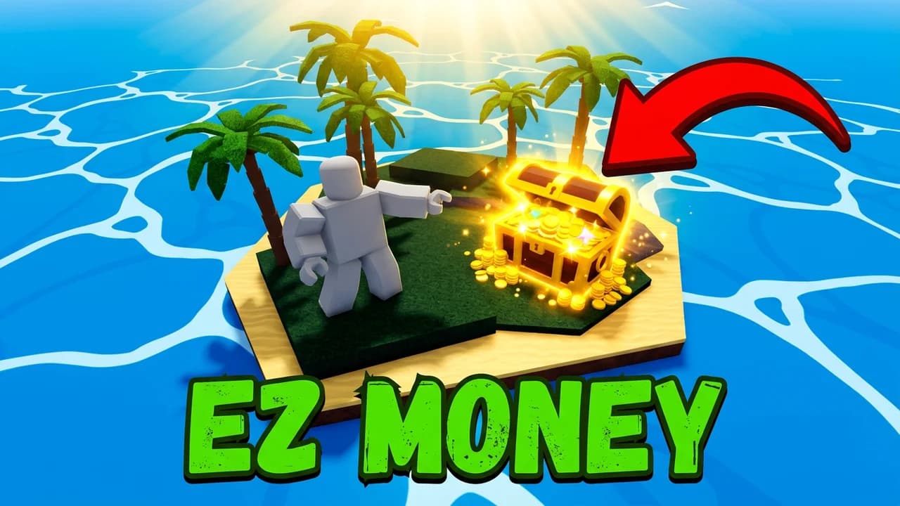 Blox Fruits money thumbnail template, a small palm tree island in a bright blue sea seen from above, a player pointing at a glowing treasure chest full of gold coins, a red arrow to the chest, EZ MONEY green text