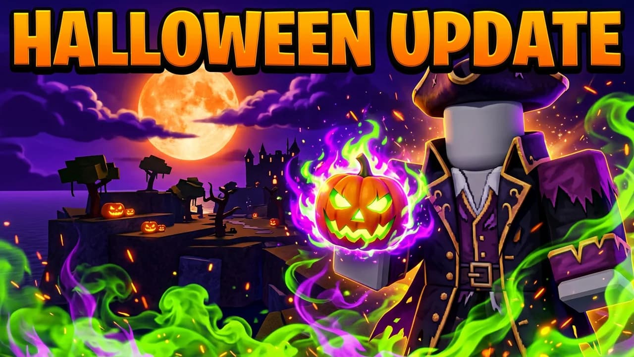 Blox Fruits Halloween update thumbnail template, a player in a purple pirate coat and hat holding a glowing jack o lantern fruit in green venom smoke, a spooky island with pumpkins under an orange full moon, HALLOWEEN UPDATE orange text