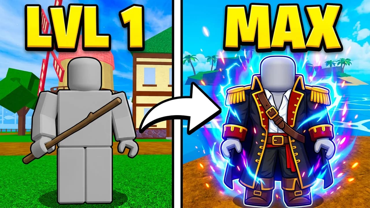 Blox Fruits level 1 vs max thumbnail template, a plain player holding a wooden stick in a starter village on the left, a white arrow to the same player in a pirate captain coat with blue lightning aura on an island on the right, LVL 1 and MAX text