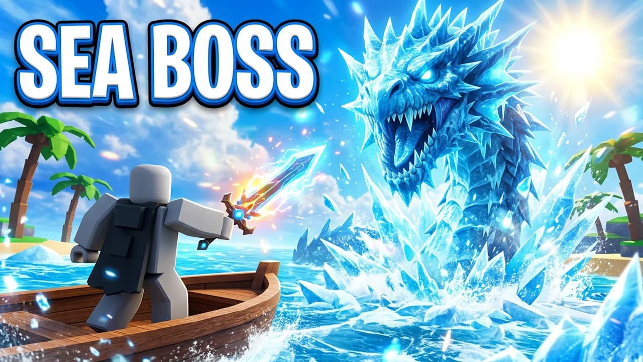 Blox Fruits sea boss thumbnail template, a player on a wooden boat aiming a glowing sword at a giant icy blue sea serpent bursting out of the frozen ocean, palm islands behind, SEA BOSS text