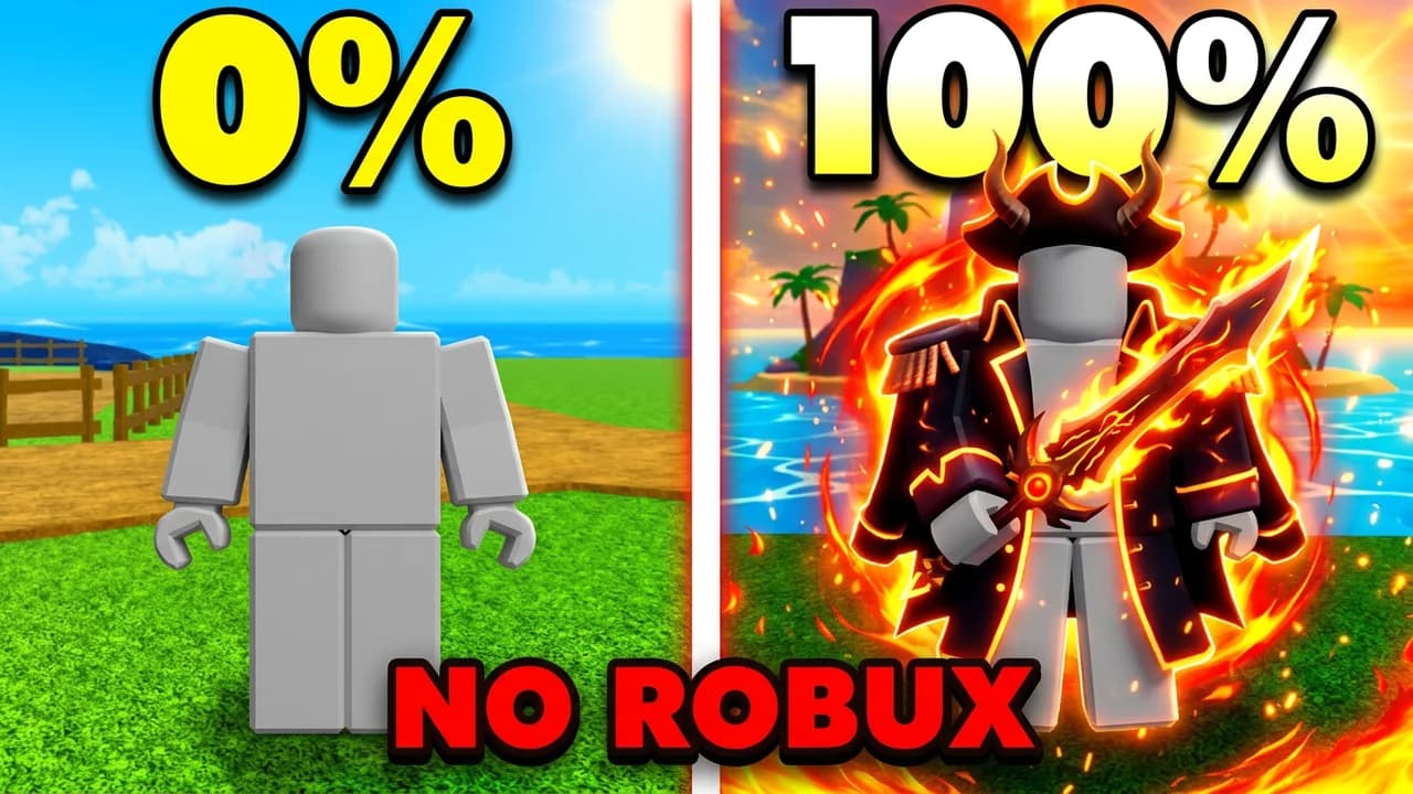 Blox Fruits no robux thumbnail template, a plain player on grass by the sea on the left, the same player in a horned pirate hat and black coat holding a flaming sword in a ring of fire on the right, 0%, 100% and NO ROBUX text
