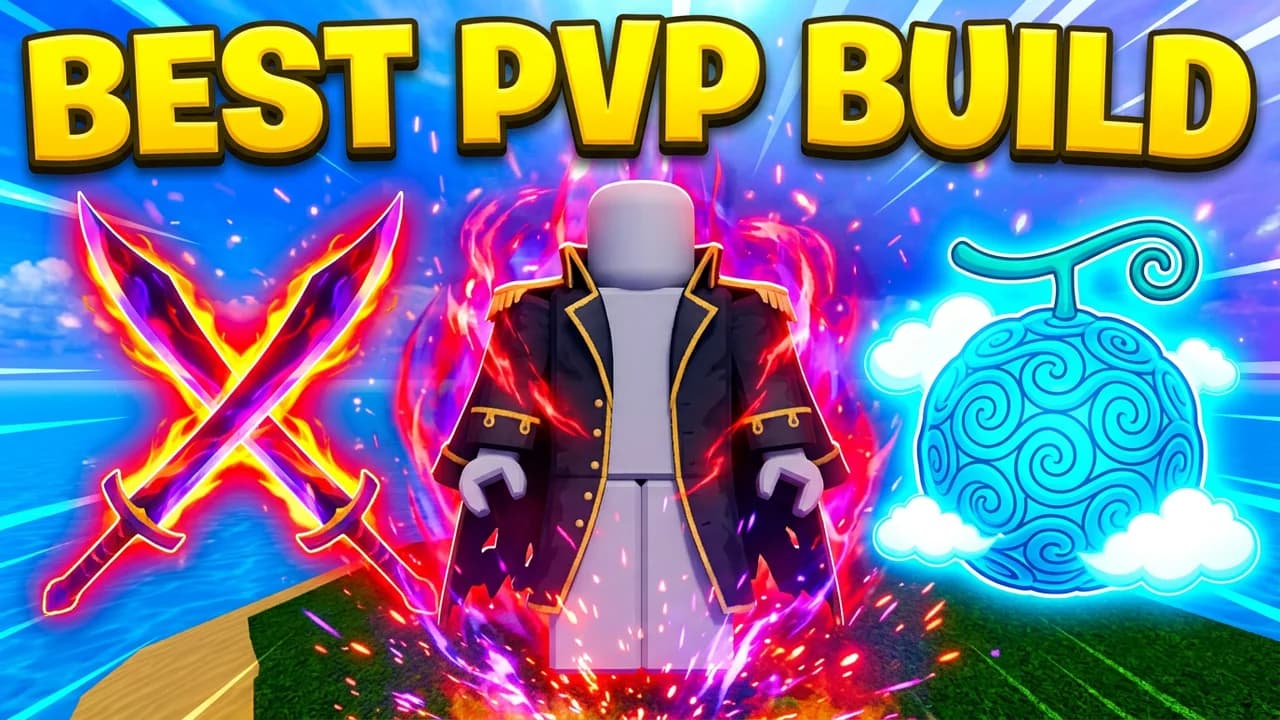 Blox Fruits PvP build thumbnail template, a player in a black and gold coat with red aura in the middle, two crossed glowing purple and orange swords on the left, a blue swirl devil fruit on the right, BEST PVP BUILD text