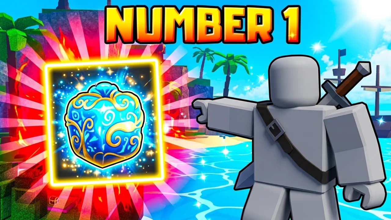 Blox Fruits top fruit thumbnail template, a glowing blue and gold swirl fruit inside a bright gold frame with red rays behind, a player with a sword on their back pointing at it, NUMBER 1 text