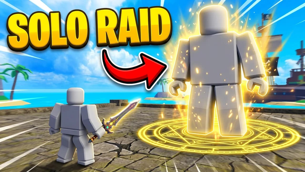 Blox Fruits solo raid thumbnail template, a small player with a sword on a stone arena floor, a red arrow to a giant glowing golden player standing in a golden magic circle, a pirate ship behind, SOLO RAID text