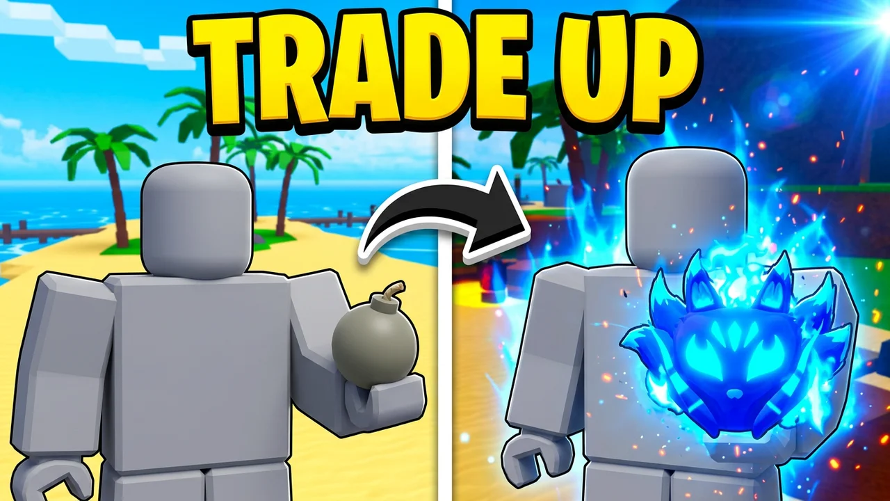 Blox Fruits trade up thumbnail template, a player holding a small grey bomb fruit on a beach, a black arrow to the same player holding a glowing blue fox flame fruit with blue fire, TRADE UP yellow text