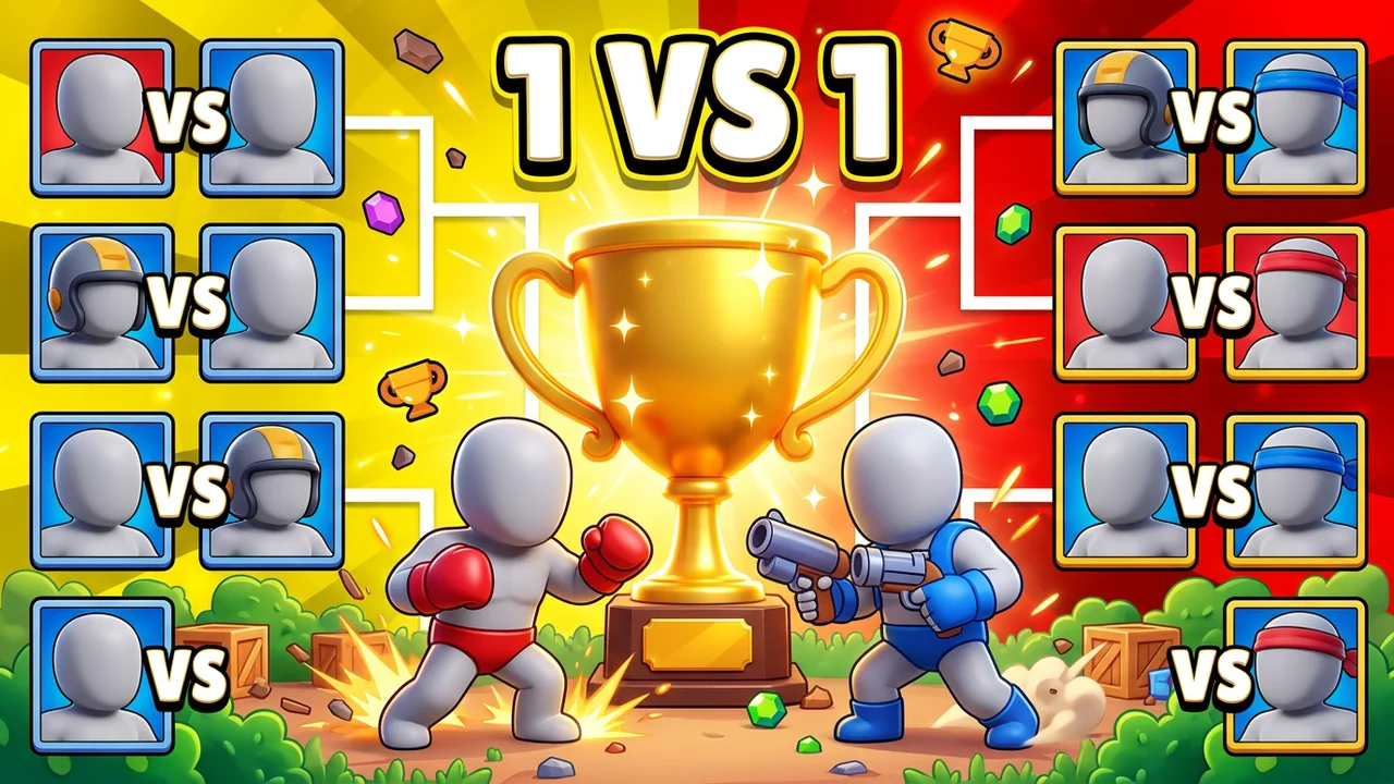 Brawl Stars tournament thumbnail template, a bracket of VS match cards on a red and yellow background, a gold trophy in the middle and two brawlers facing off, 1 VS 1 text