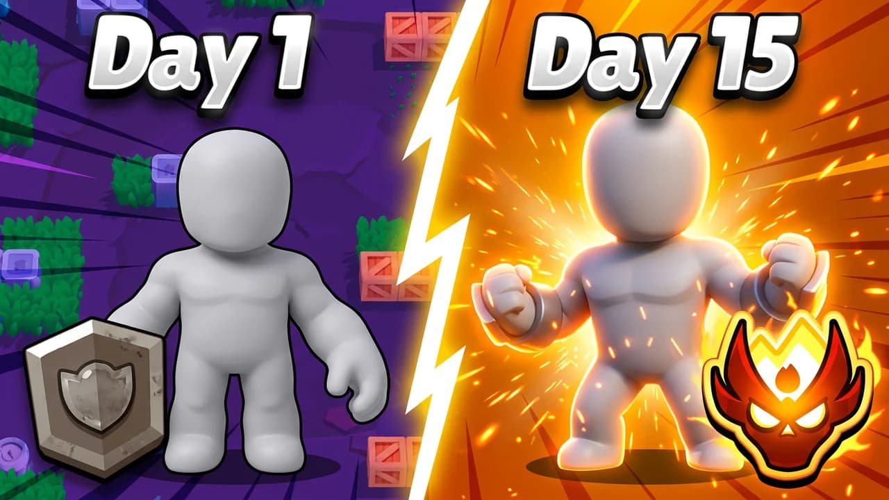 Brawl Stars progress thumbnail template, a purple half with a plain brawler and a grey rank badge and an orange half with the same brawler glowing beside a fiery rank badge, Day 1 and Day 15 text